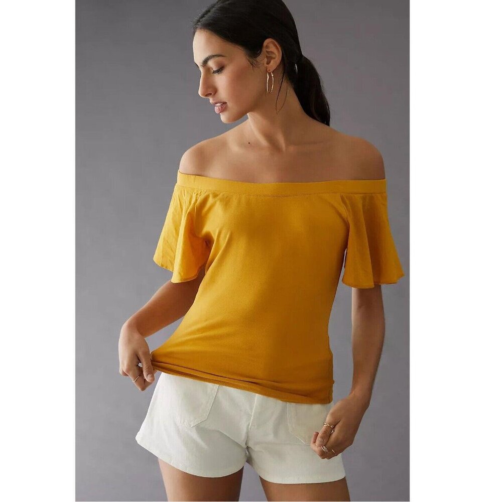 Maeve Anthropologie Off-The-Shoulder Flutter Blouse Top Shirt Yellow S 234230